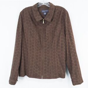 Jones New York Signature Full Zip Cotton Eyelet Jacket Womens XL Chocolate Brown